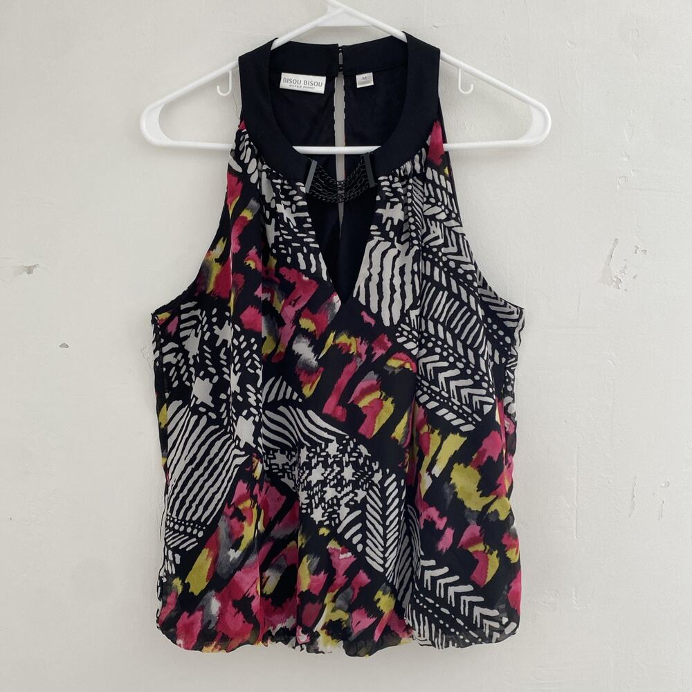 Bisou Bisou Top M Halter Colorful Bubble Chain Accent Tank Chiffon Lined Blouse